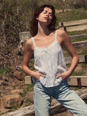 Lucky Brand Elsie Polka Dot Button Through Lace Trim Tank Top S